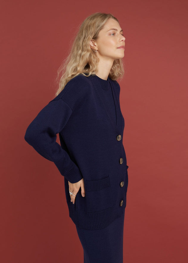 Button-Up Merino Wool Cardigan Dark Blue