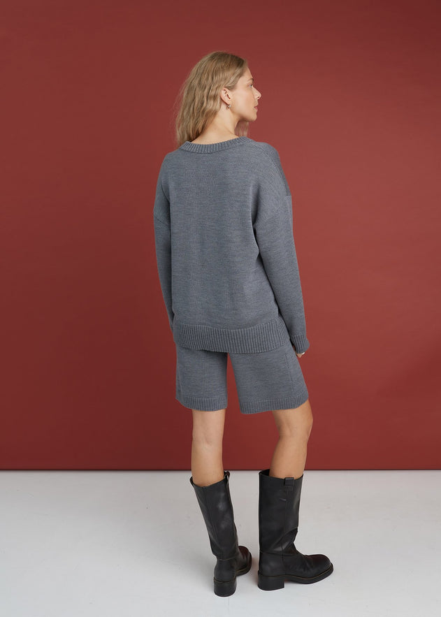 Knitted Merino Wool V-neck Sweater & Shorts Set