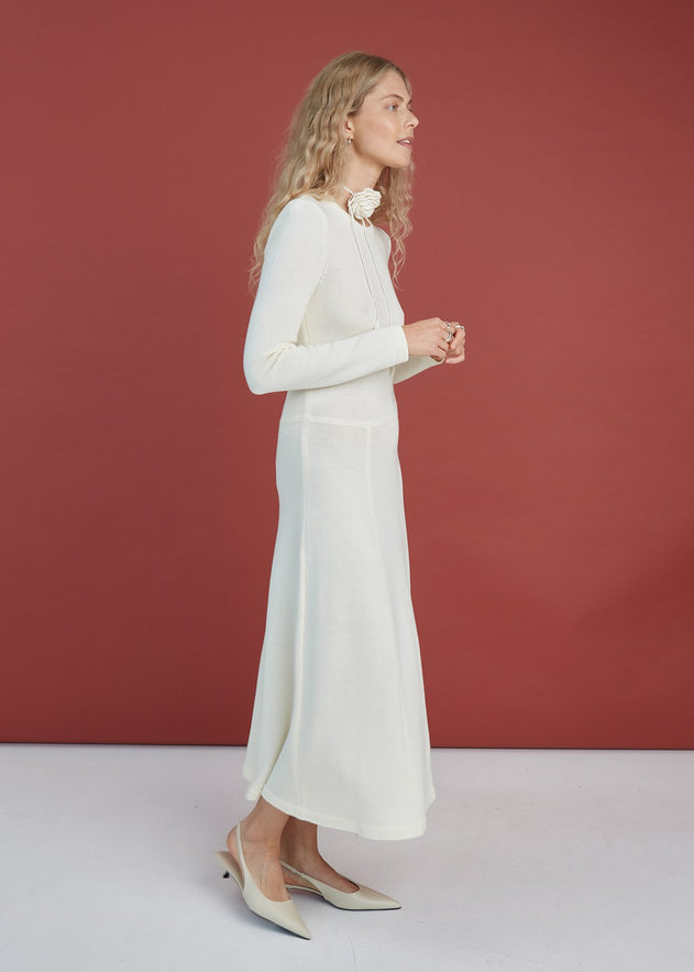 Knitted Merino Wool A-line Midi Dress Natural White