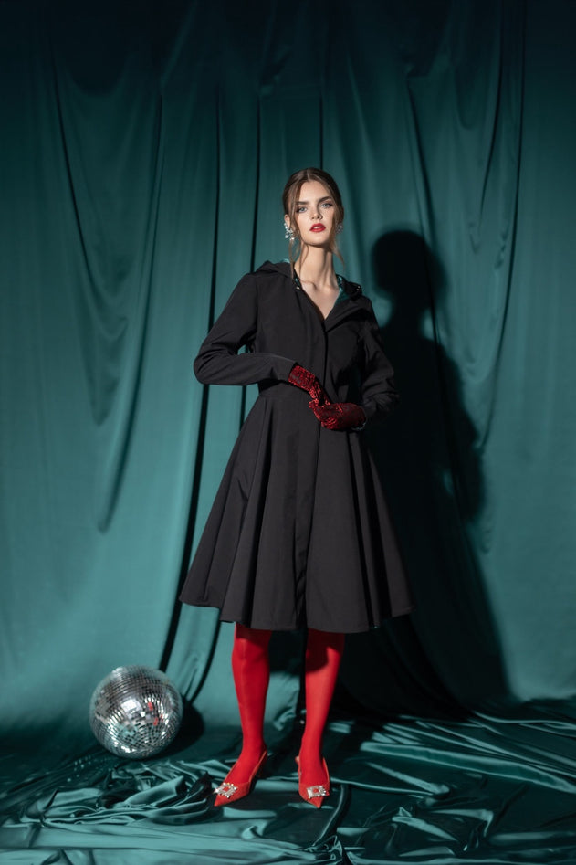 Fit and Flare Raincoat with Full Circle Hem Black / Deep Emerald