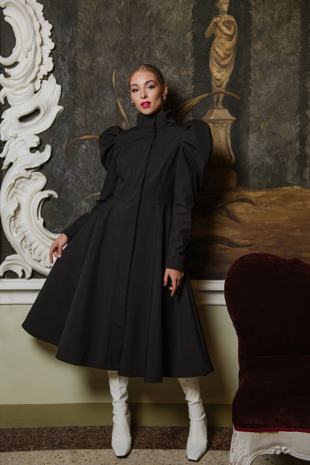 Fit and Flare Raincoat with Puff Sleeves Majestic Black