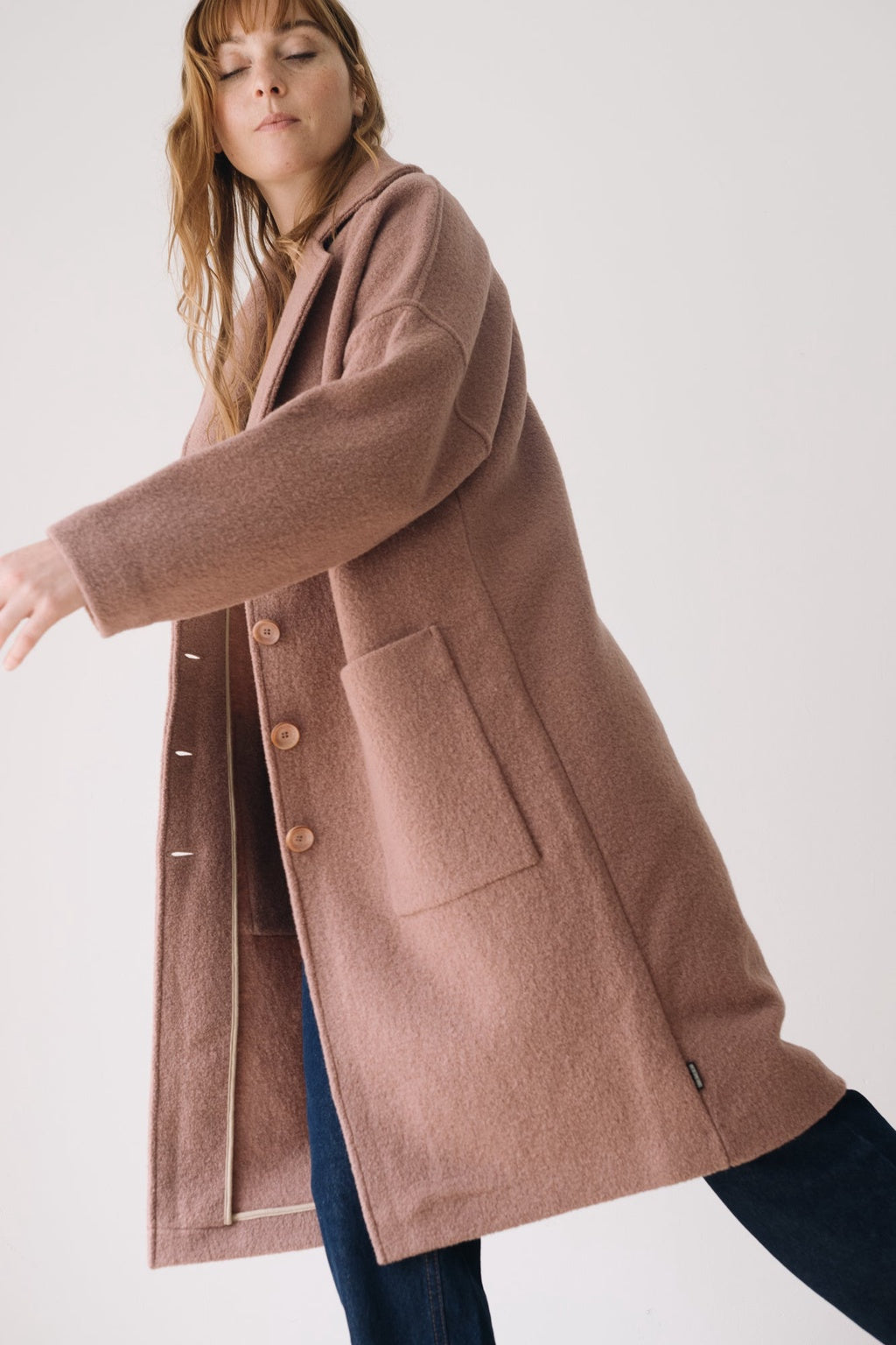 100% RWS Merino Wool Long Coat in Pink