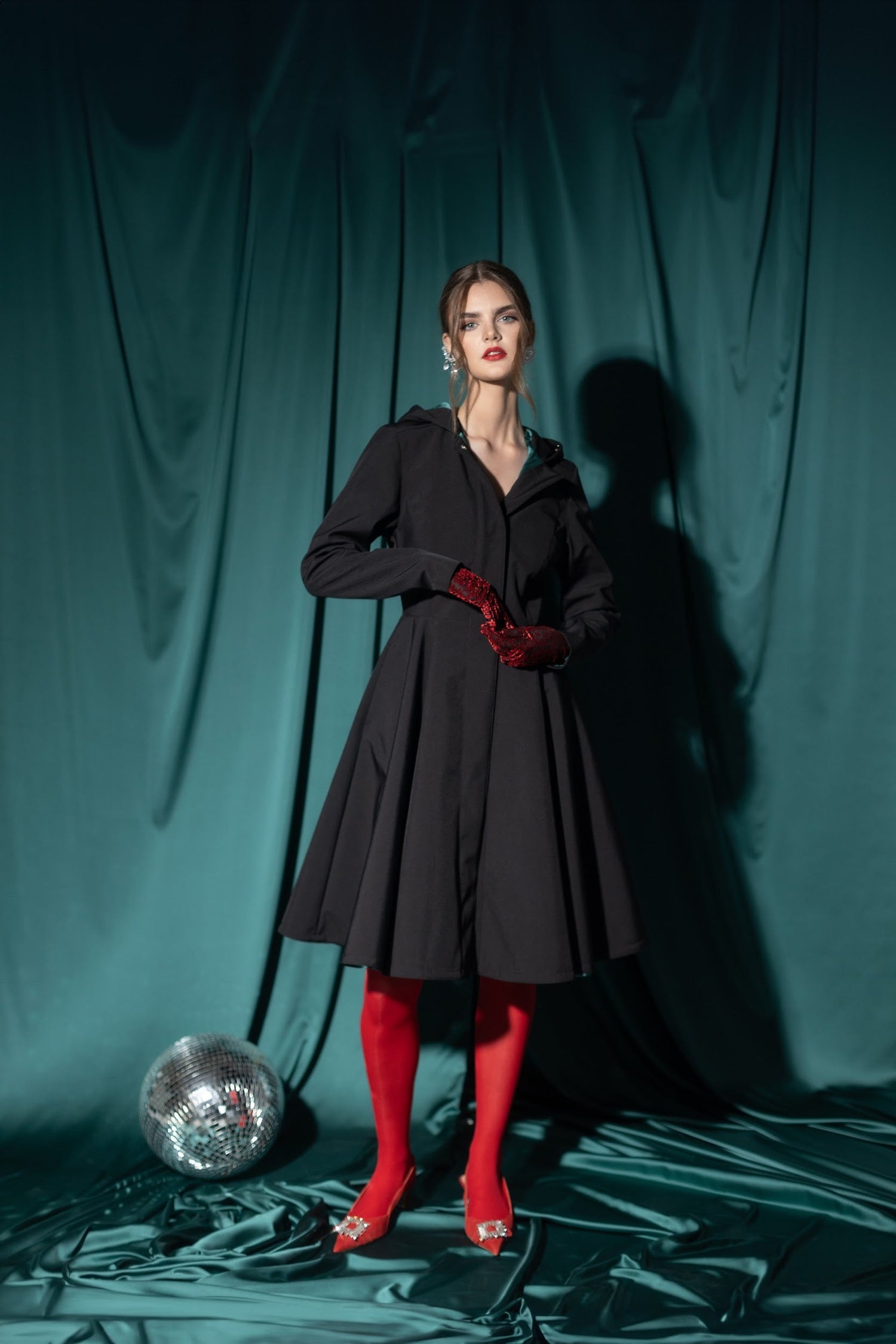 Fit and Flare Raincoat with Full Circle Hem Black / Deep Emerald