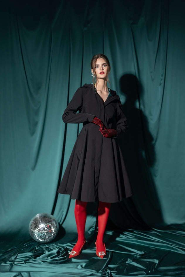 Fit and Flare Raincoat with Full Circle Hem Black / Deep Emerald