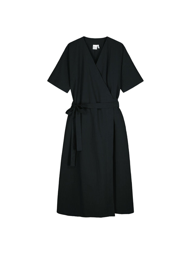 Ava Wrap Dress Textured Seersucker Black