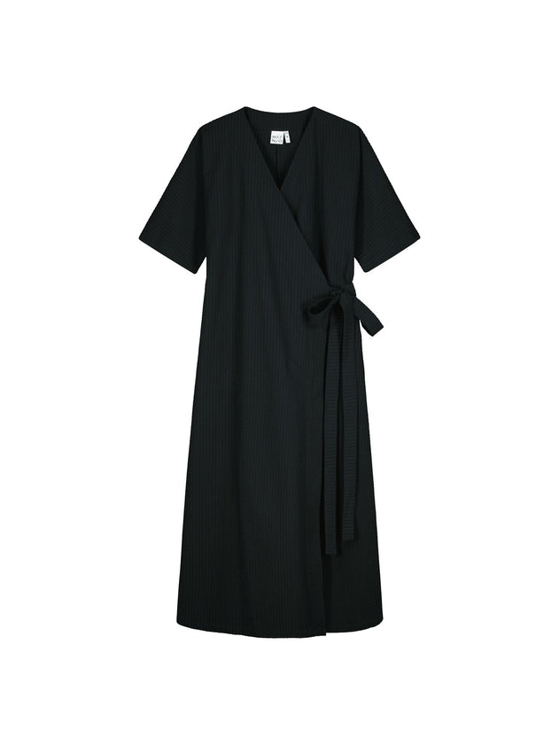 Ava Wrap Dress Textured Seersucker Black