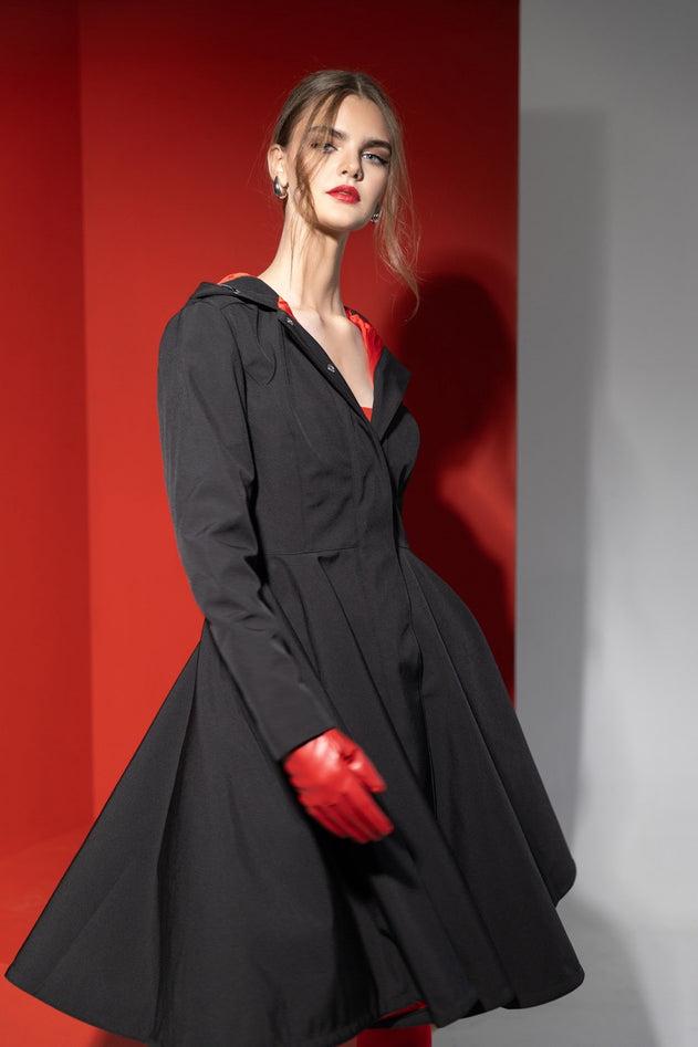 Fit and Flare Raincoat with Full Circle Hem Raven Black / Red