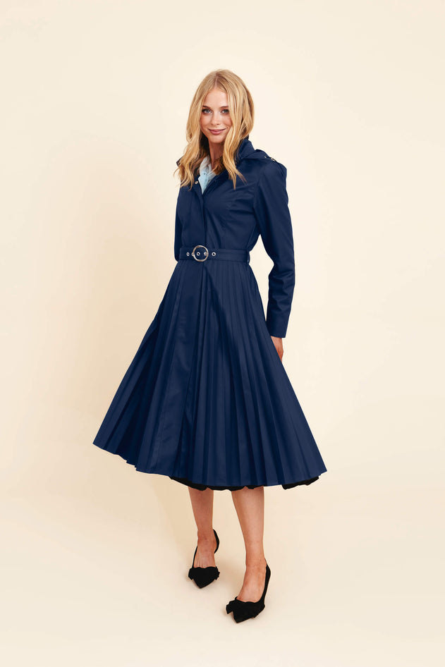Fit and Flare Blue Women’s A-Line Coat with Pleated Skirt | Blue Serenade