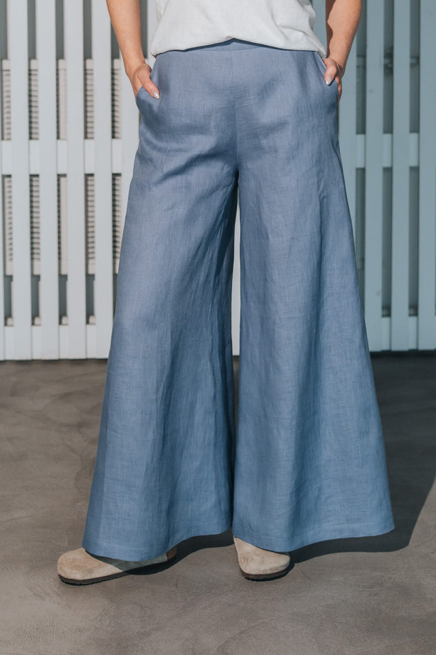 Women's Palazzo Linen Pants Dusty Blue