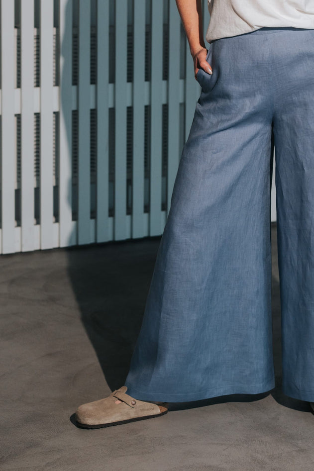 Women's Palazzo Linen Pants Dusty Blue