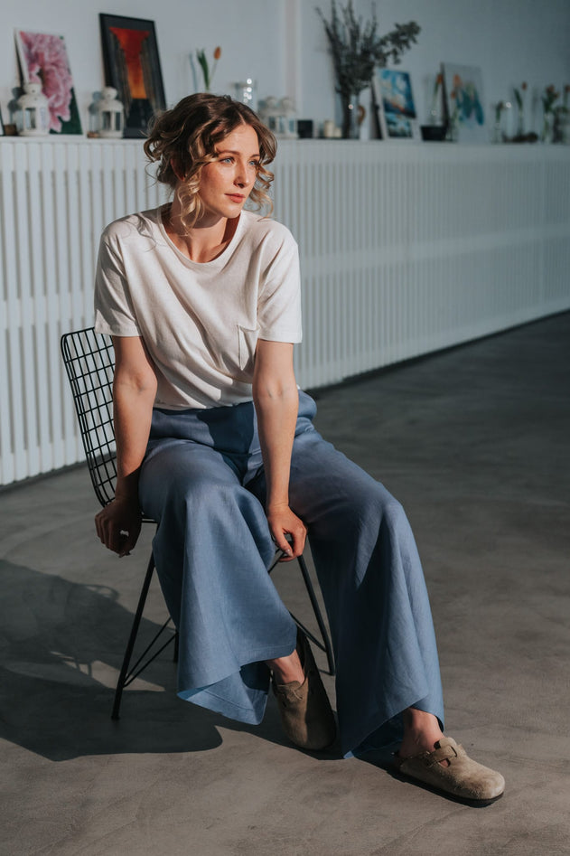 Women's Palazzo Linen Pants Dusty Blue