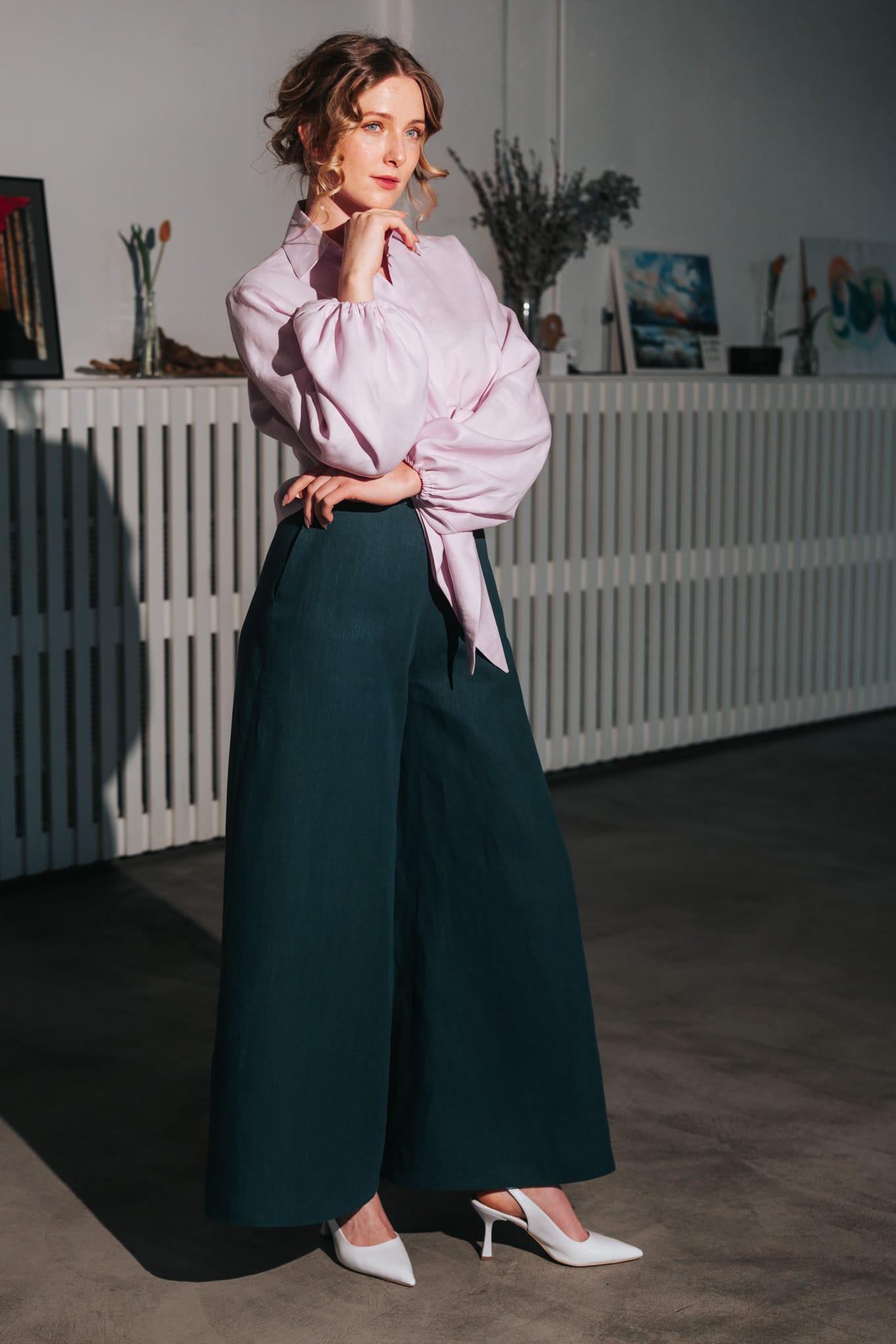 Women's Palazzo Linen Pants Forest Green
