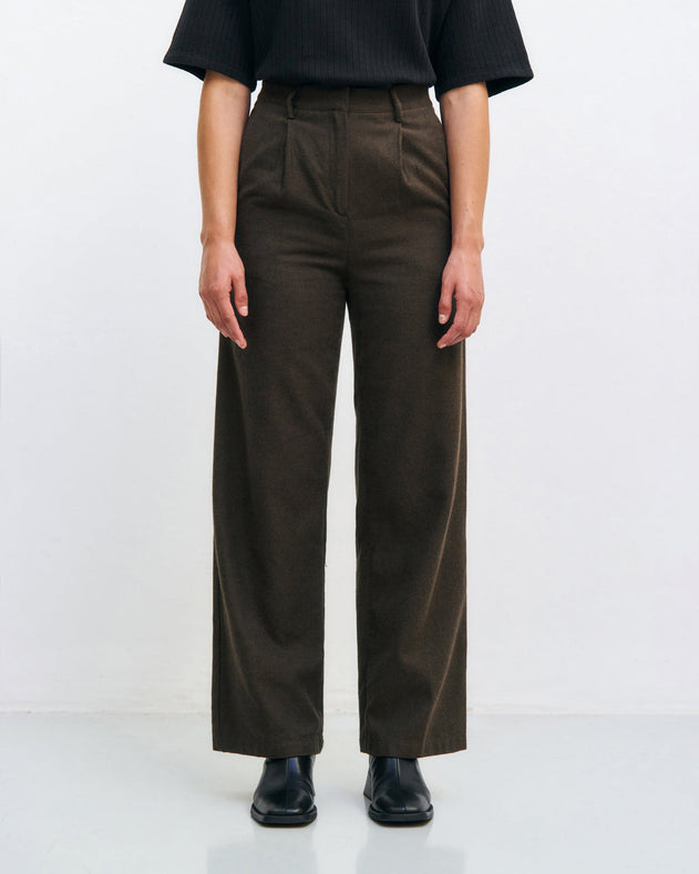 High-Waist Flannel Pants Twill Brown