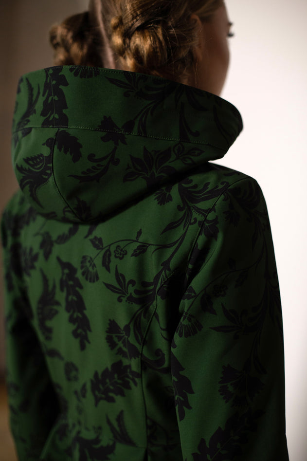 Fit and Flare Raincoat with Pleated Hem Green Forest Flower