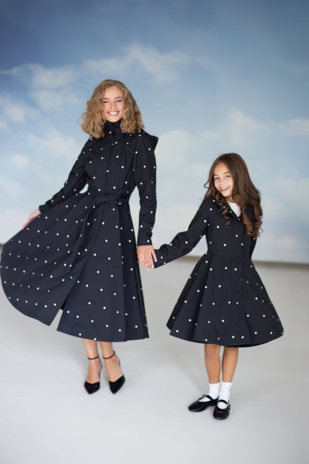 Fit and Flare Raincoat with A-Line Hem Polka Dots Black