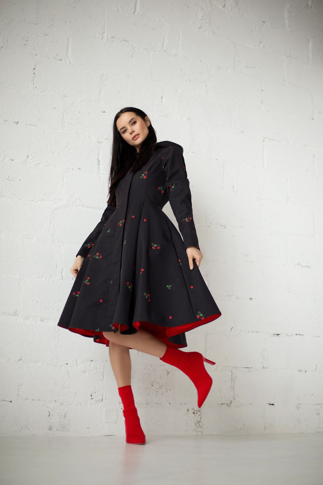 Fit and Flare Raincoat with Pleated Hem Black Wild Strawberry