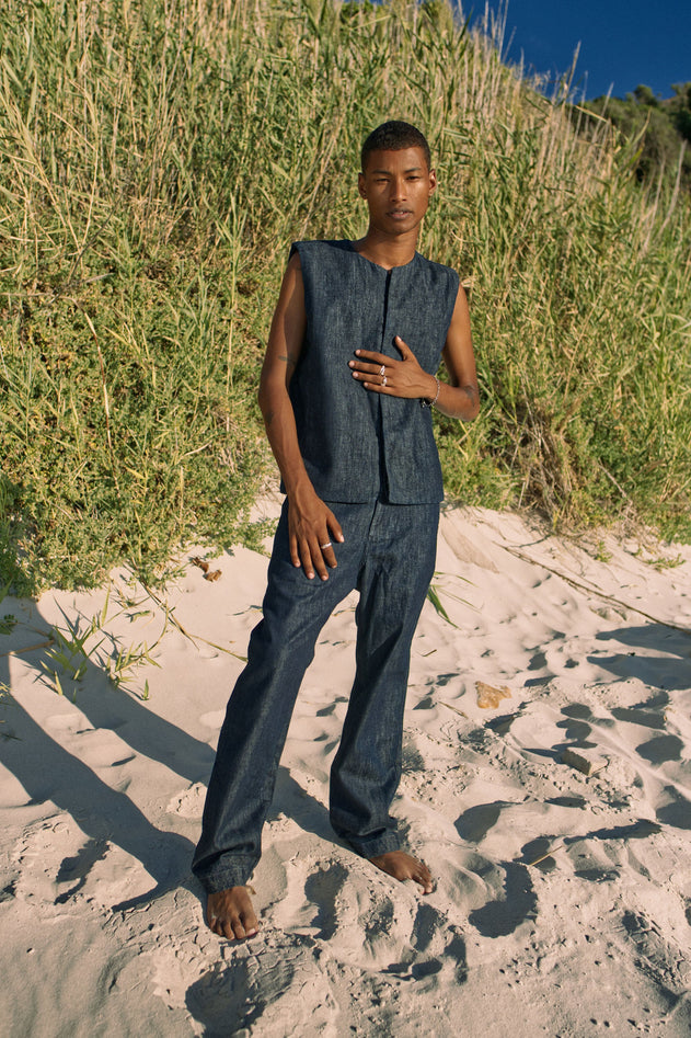 Kashew Lightweight Hemp Blend Denim Vest Raw Blue