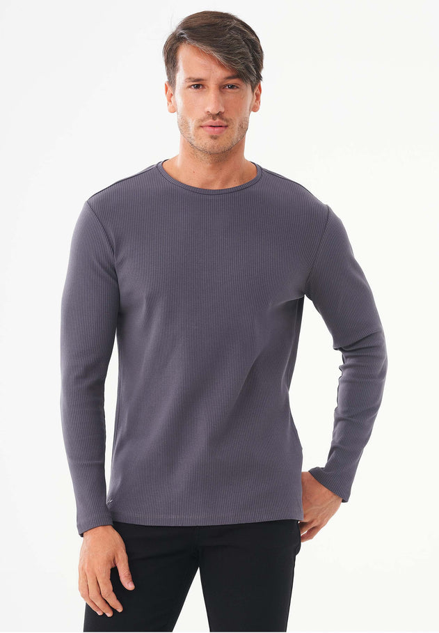 Men's Long-Sleeved Ribbed O-Neck Shirt Asphalt
