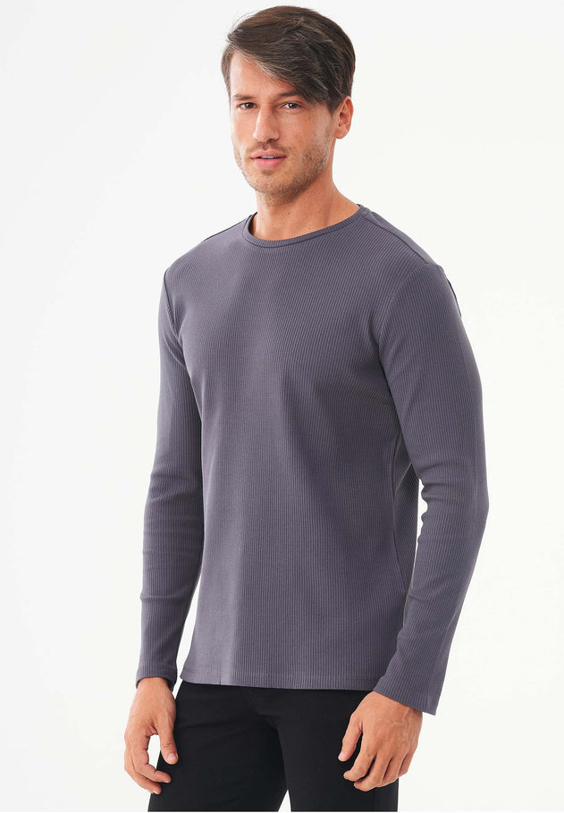 Men's Long-Sleeved Ribbed O-Neck Shirt Asphalt