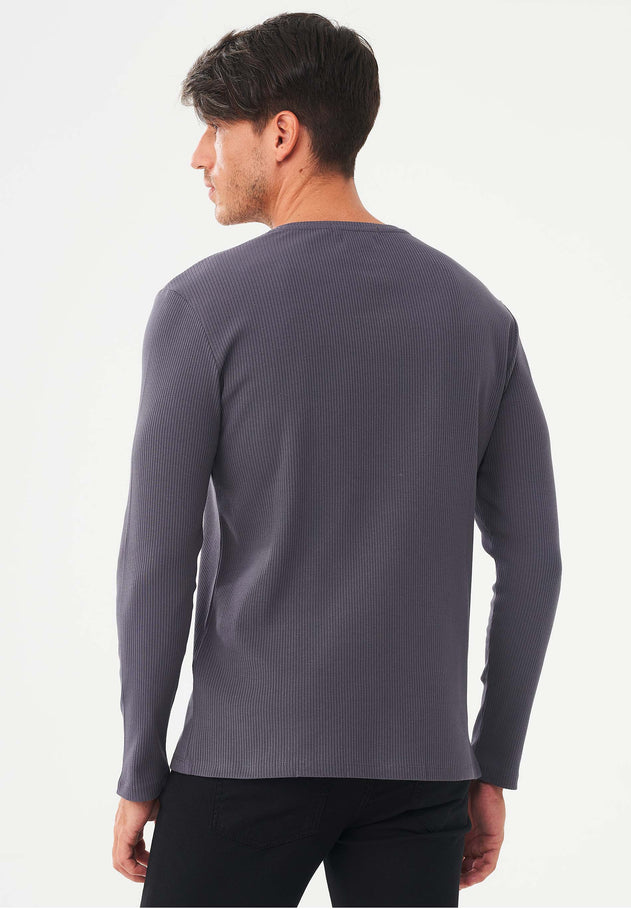 Men's Long-Sleeved Ribbed O-Neck Shirt Asphalt