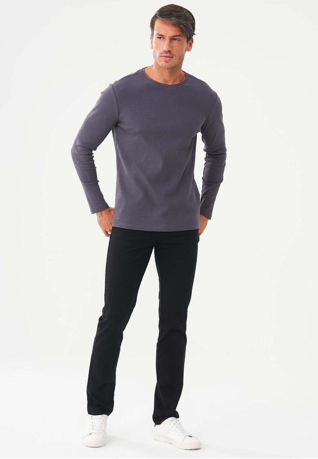 Men's Long-Sleeved Ribbed O-Neck Shirt Asphalt