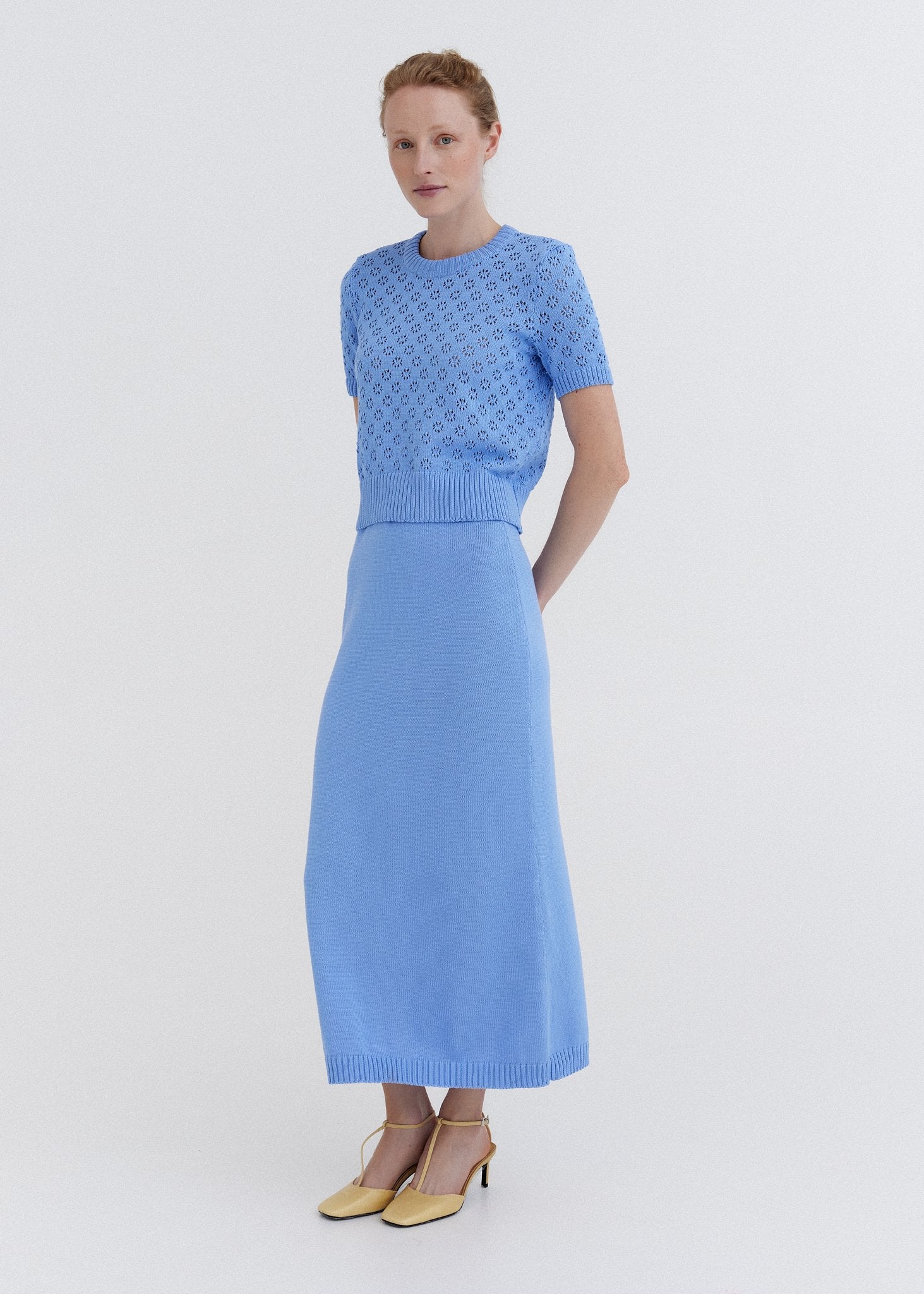 Knitted Cotton Lace Top and Skirt Set Sky