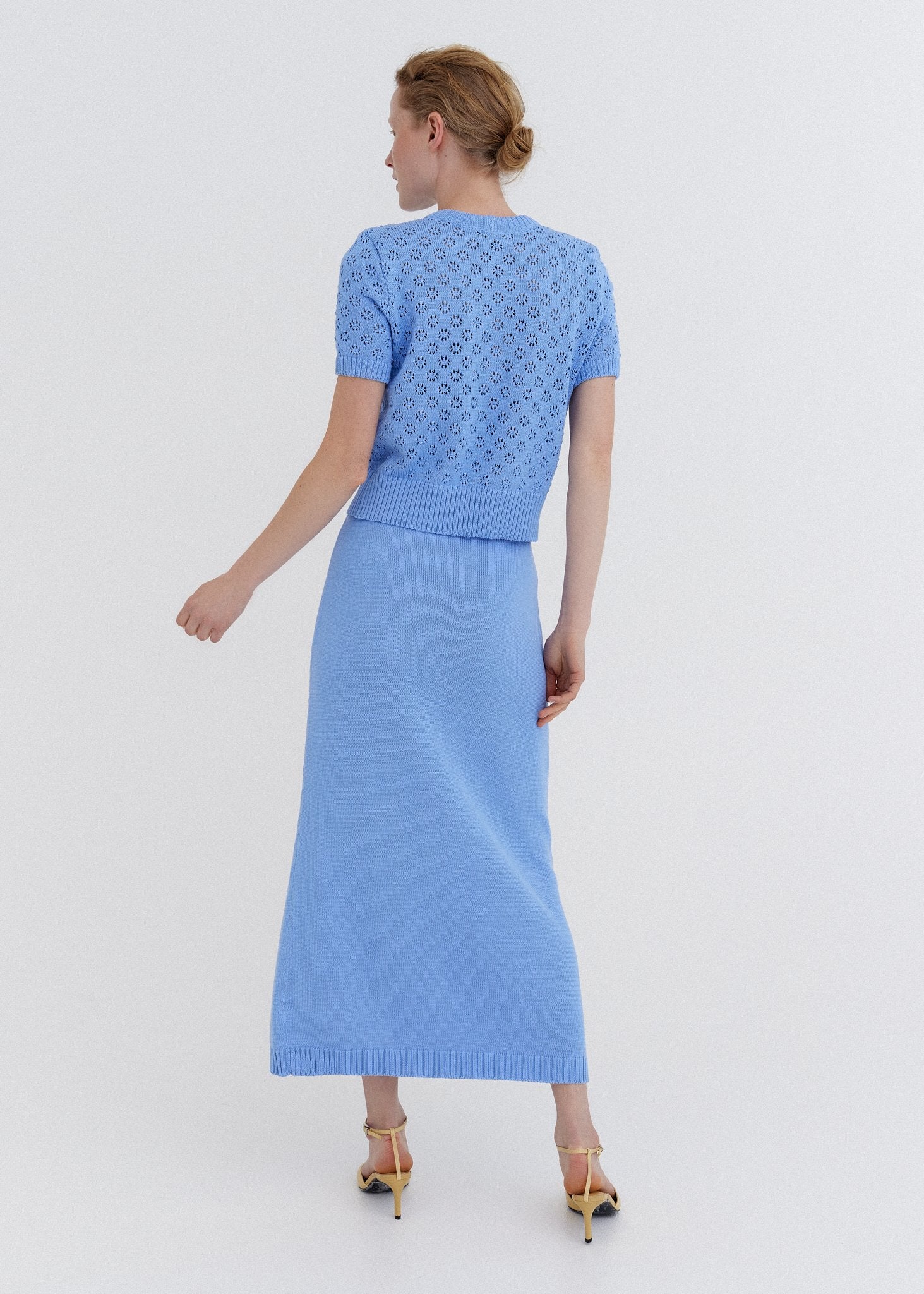 Knitted Cotton Lace Top and Skirt Set Sky
