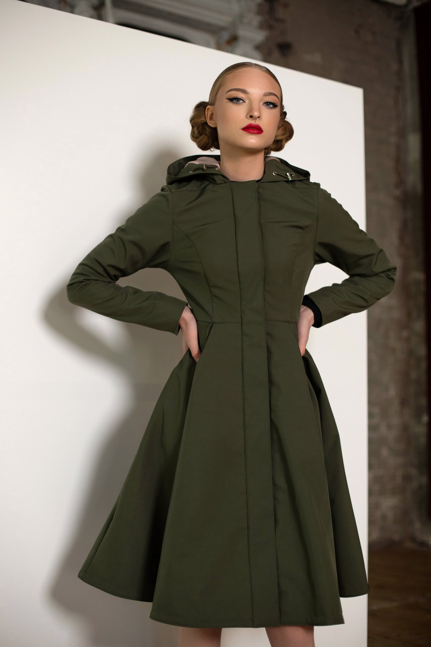 Fit and Flare Raincoat with Pleated Hem Moss Green