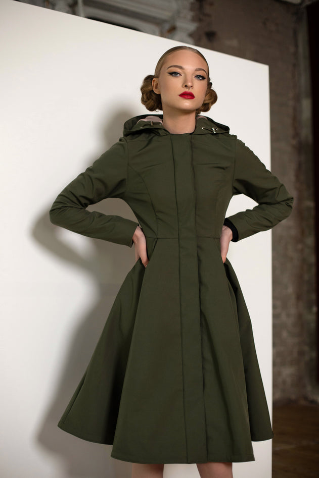 Fit and Flare Raincoat with Pleated Hem Moss Green