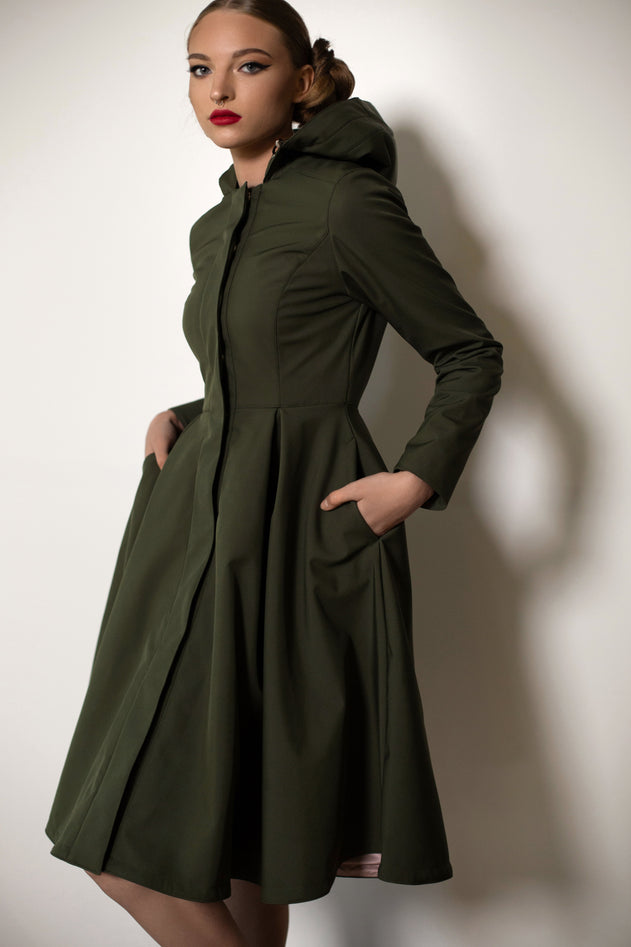 Fit and Flare Raincoat with Pleated Hem Moss Green