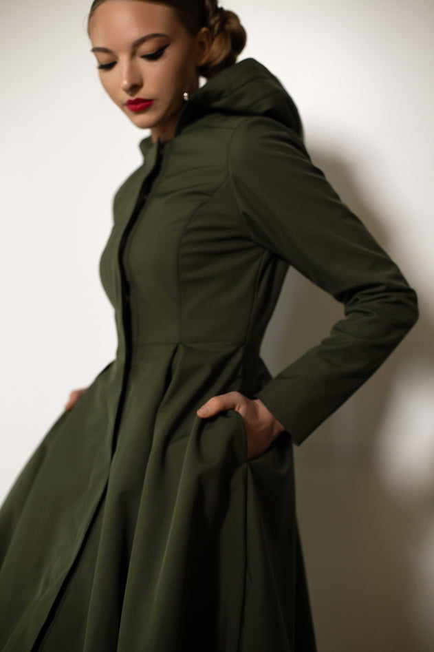 Fit and Flare Raincoat with Pleated Hem Moss Green