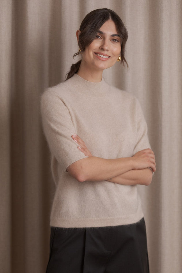 Short-sleeved Half-Turtleneck Cashmere Sweater Latte