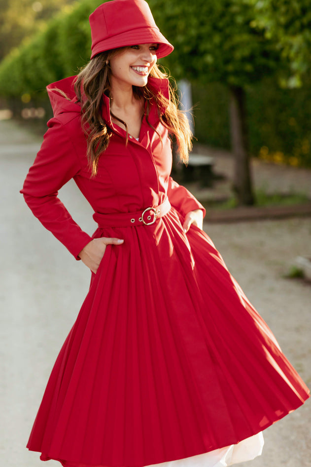 Fit and Flare Red Women's A-line Coat with Pleated Skirt Scarlet Waltz Red