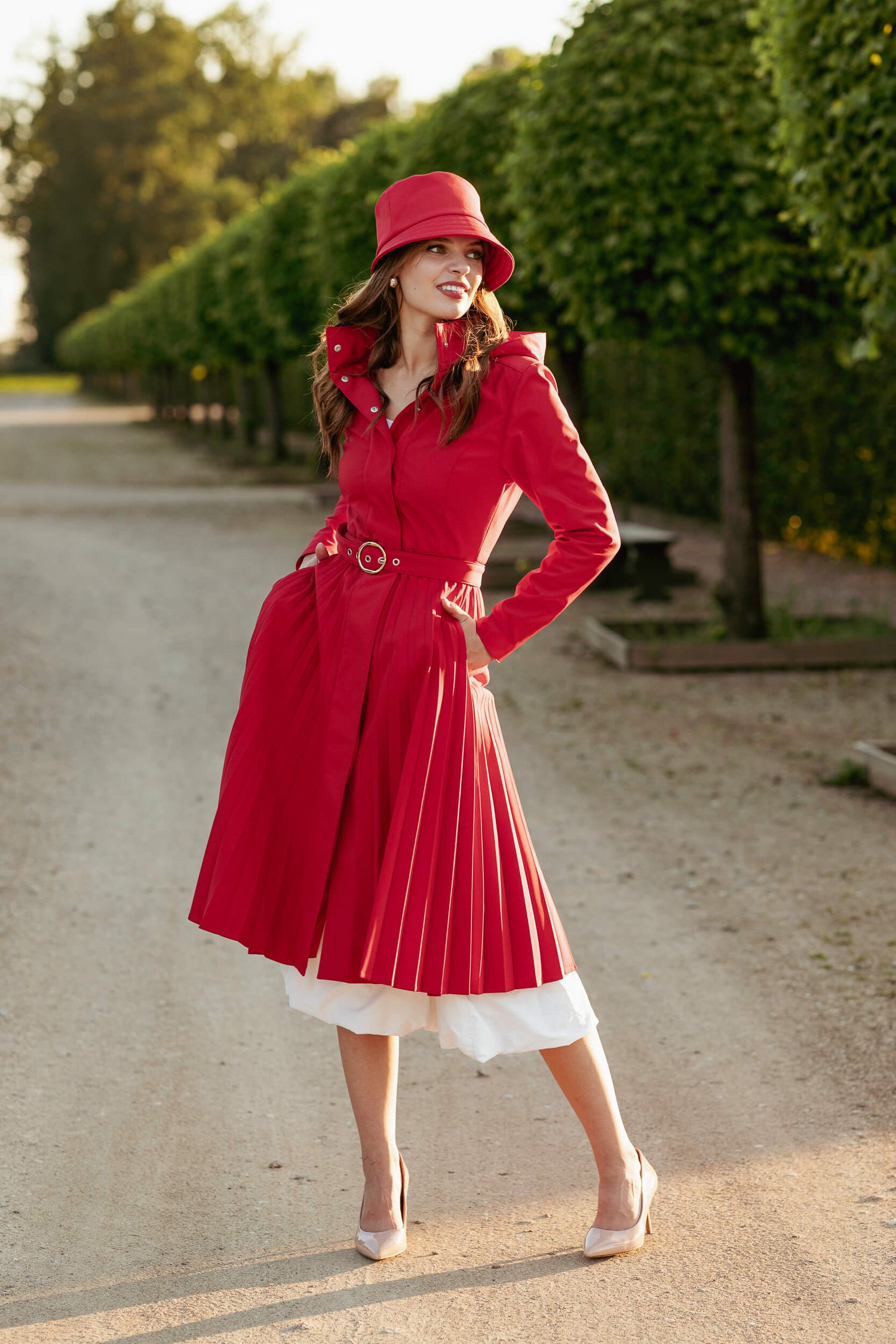 Fit and Flare Red Women's A-line Coat with Pleated Skirt Scarlet Waltz Red