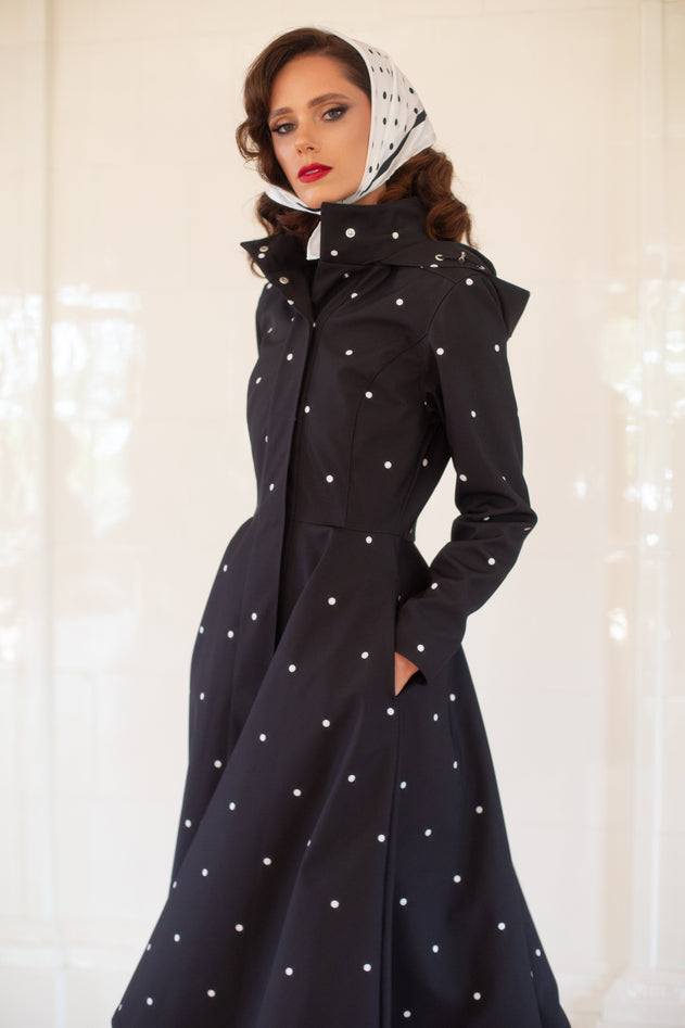 Fit and Flare Raincoat with A-Line Hem Polka Dots Black