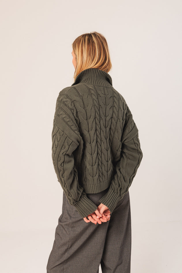 Cotton Cable Knit Cardigan Khaki