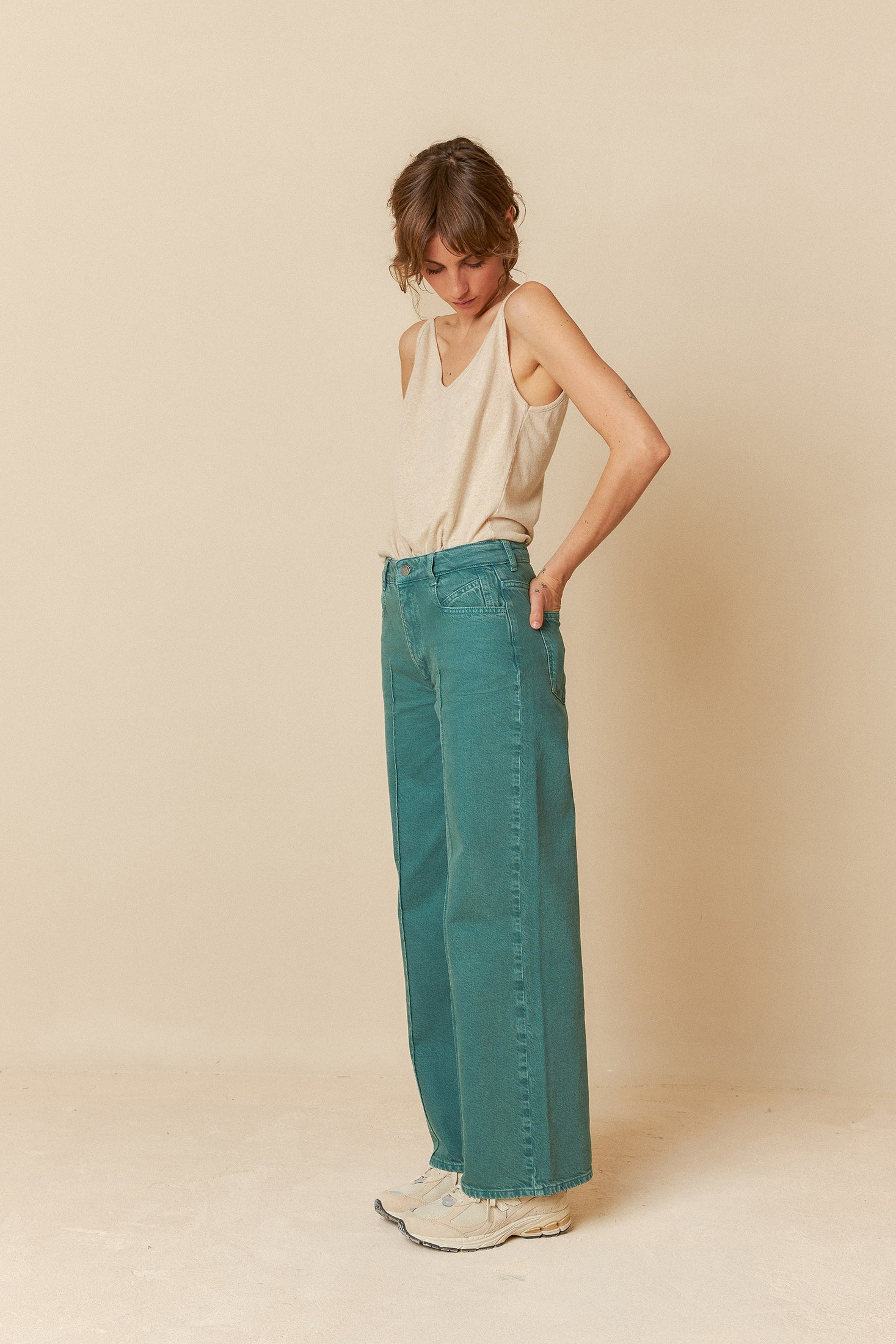 Wide Leg Herringbone Pants Emerald