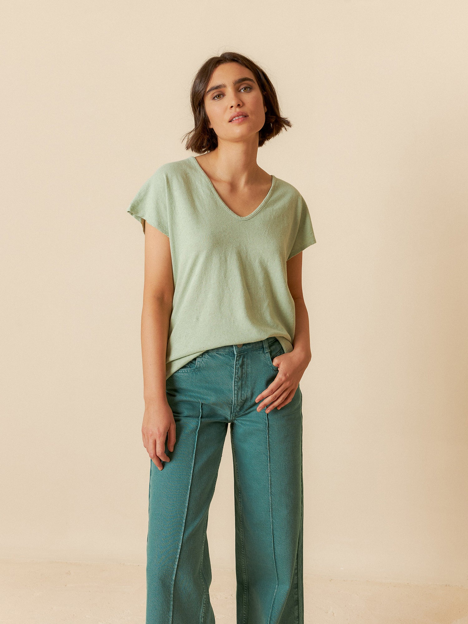 Rustic Effect Melange T-Shirt Cyan