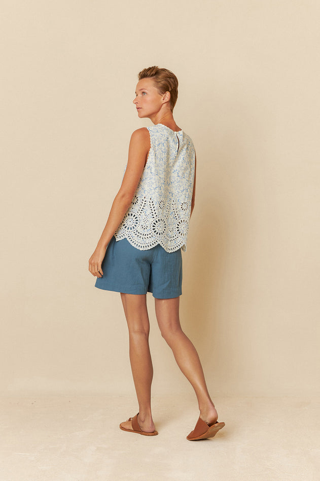 Embroidered Poplin Top Blue Floral