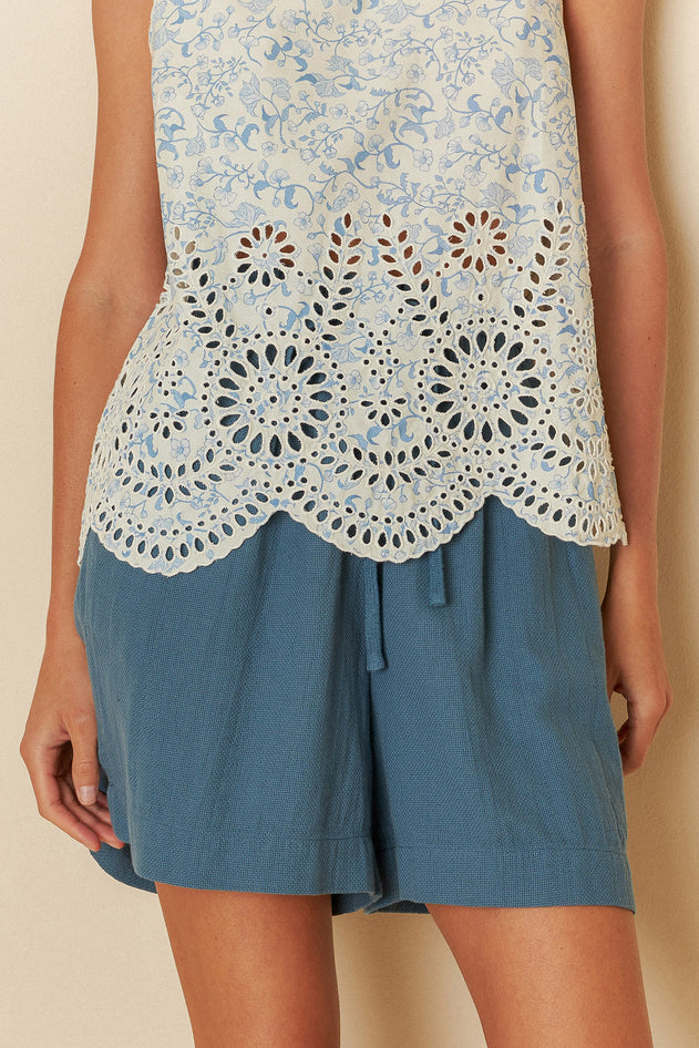 Embroidered Poplin Top Blue Floral