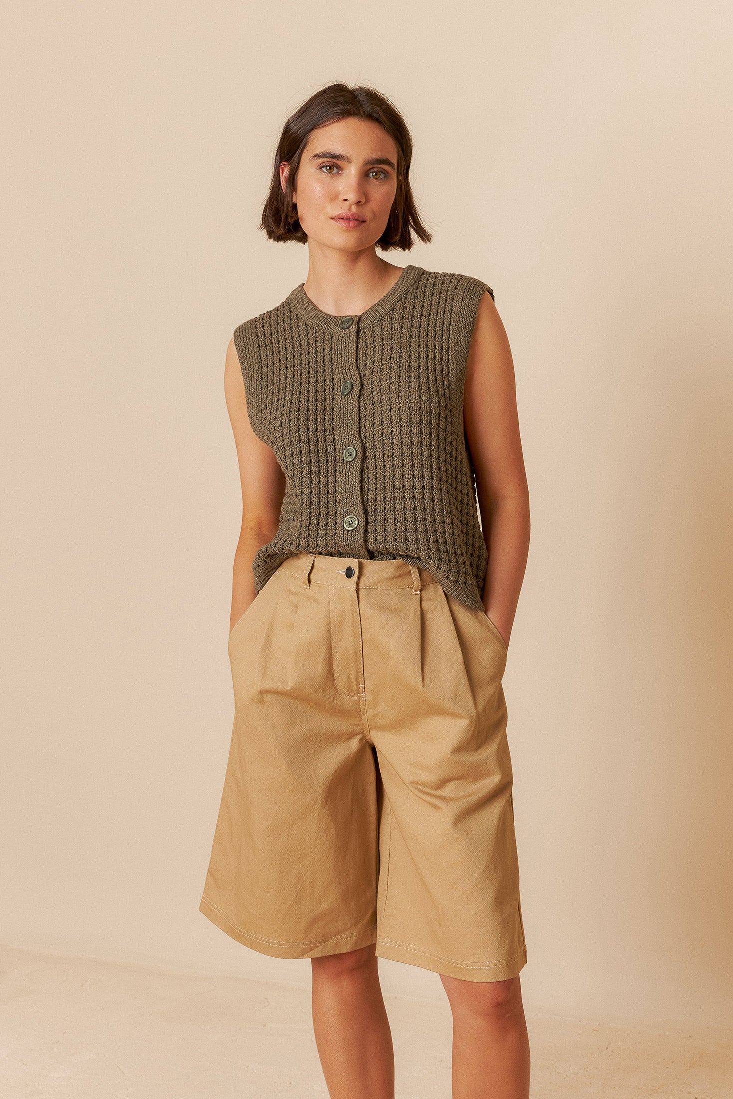Gabardine Contrast Bermuda Shorts Sand