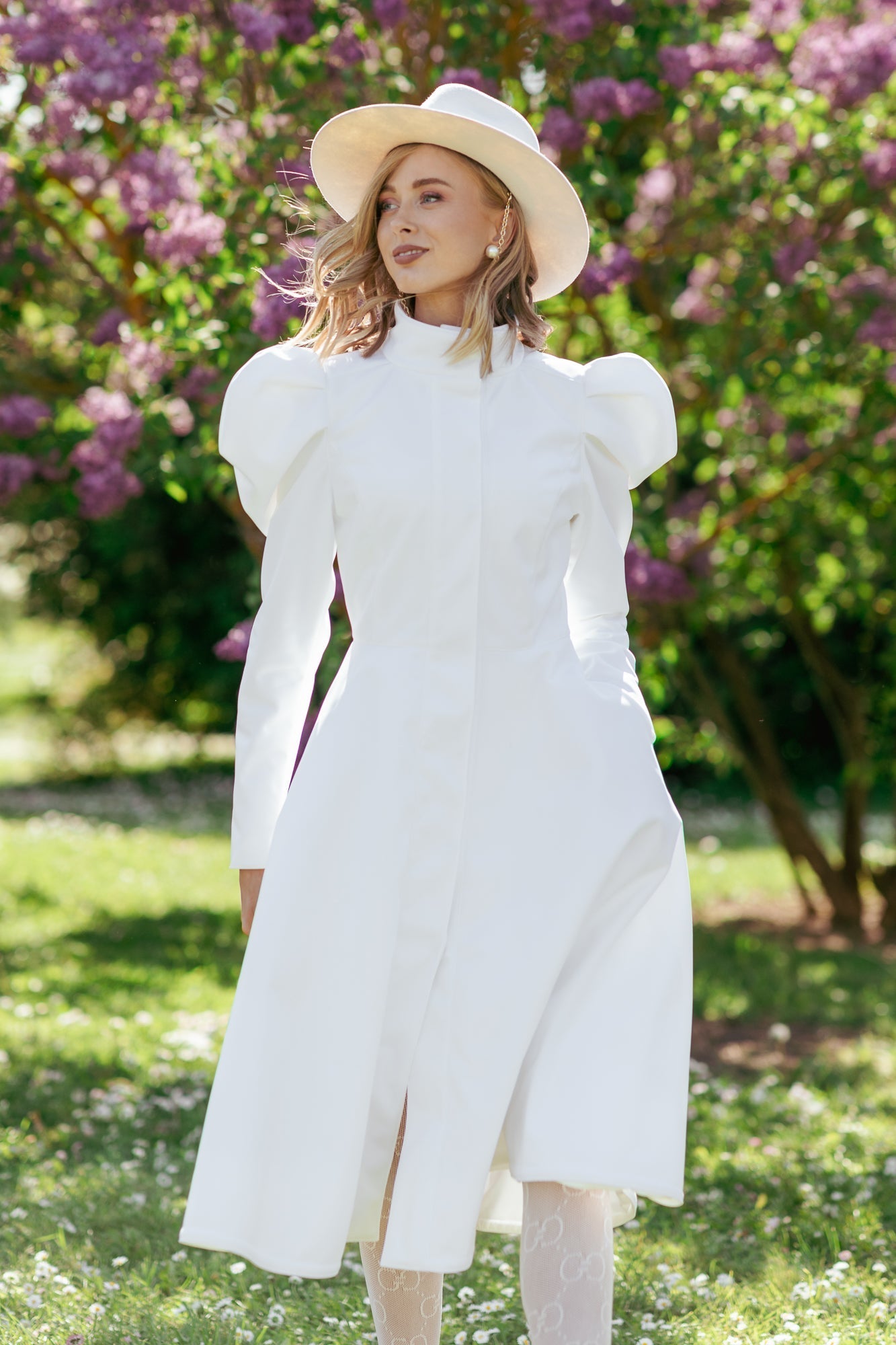 Fit and Flare Raincoat with Puff Sleeves Majestic White