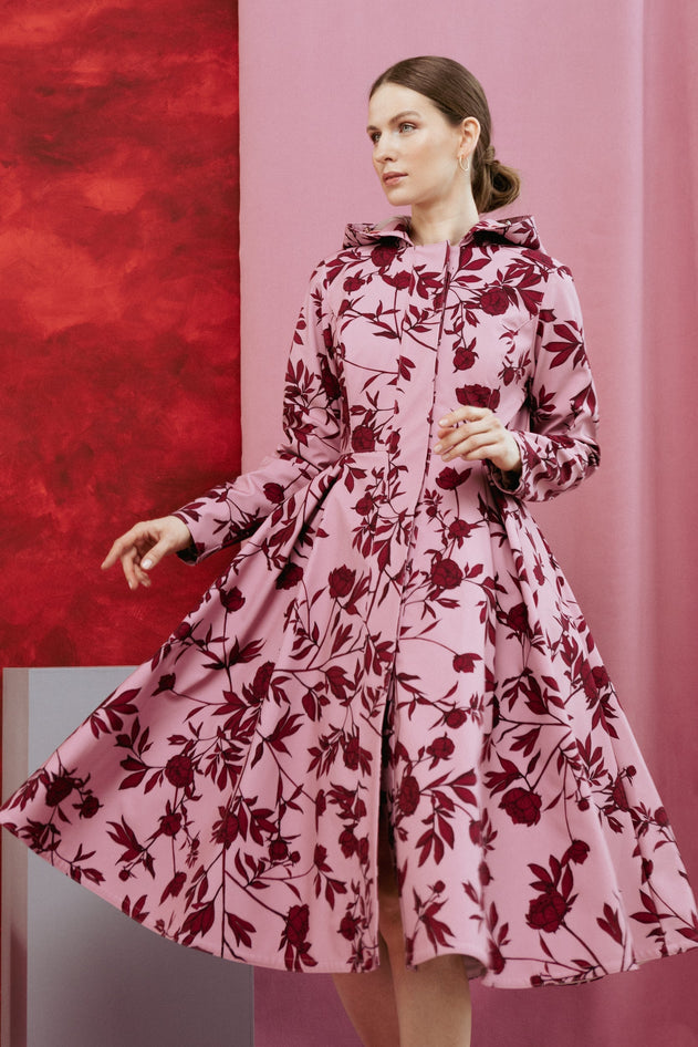 Fit and Flare Raincoat with Pleated Hem Pink Peony Bloom