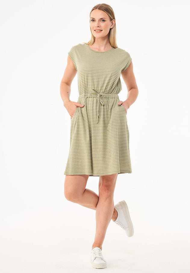 Striped Linen Blend Jersey Dress Olive/Off White