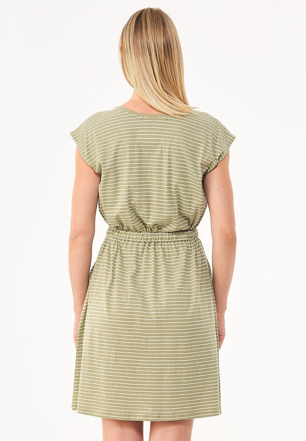 Striped Linen Blend Jersey Dress Olive/Off White