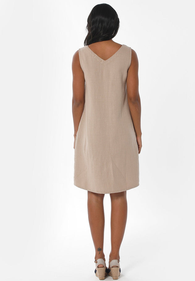 Sleeveless V-Neck Linen Blend Dress Beige
