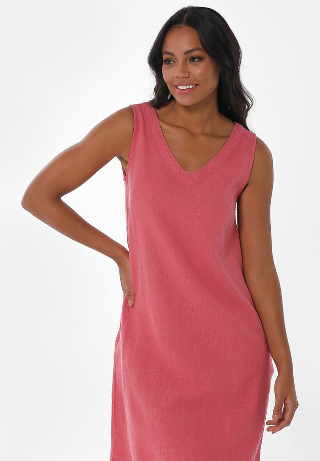 Sleeveless V-Neck Linen Blend Dress Desert Rose