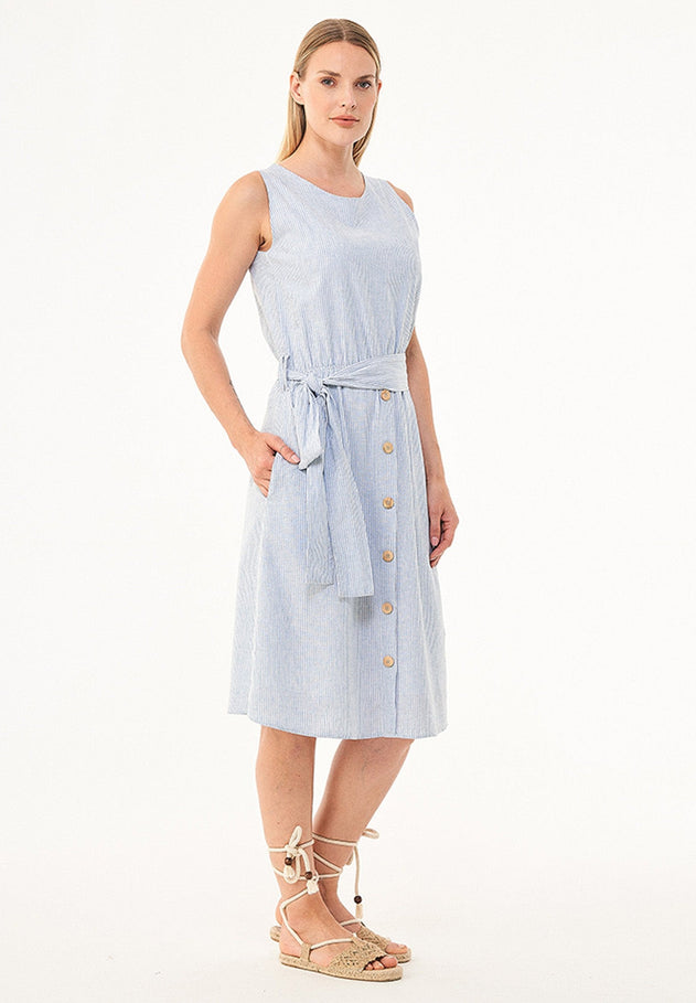 Linen-Cotton Button Dress Blue / White Striped