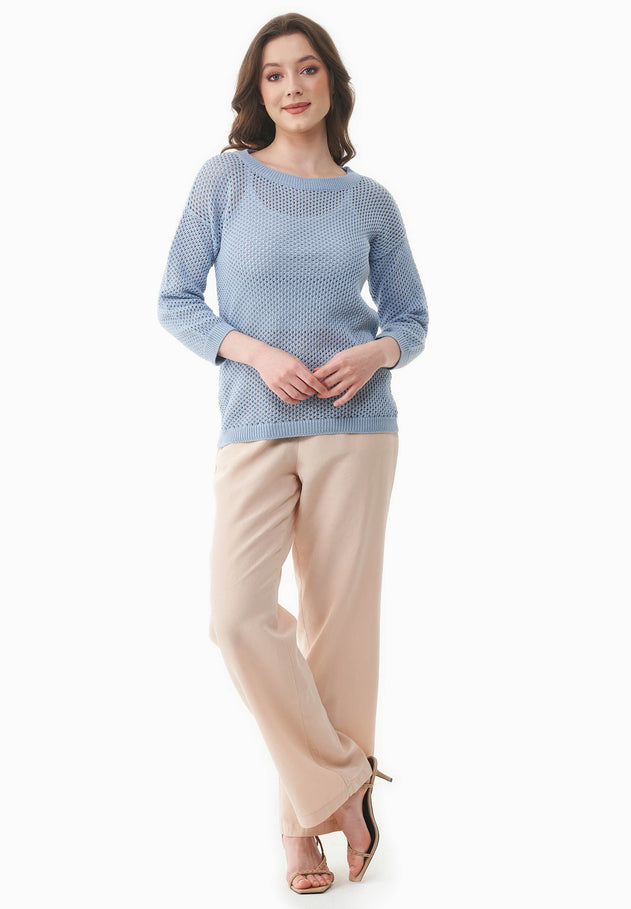 3/4 Sleeve Open Knit Sweater Ice Blue
