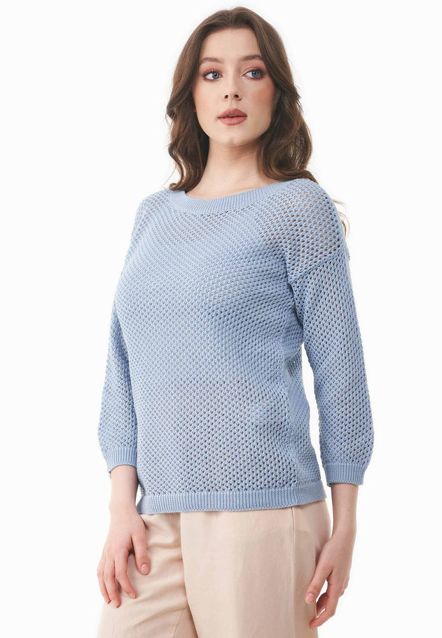 3/4 Sleeve Open Knit Sweater Ice Blue
